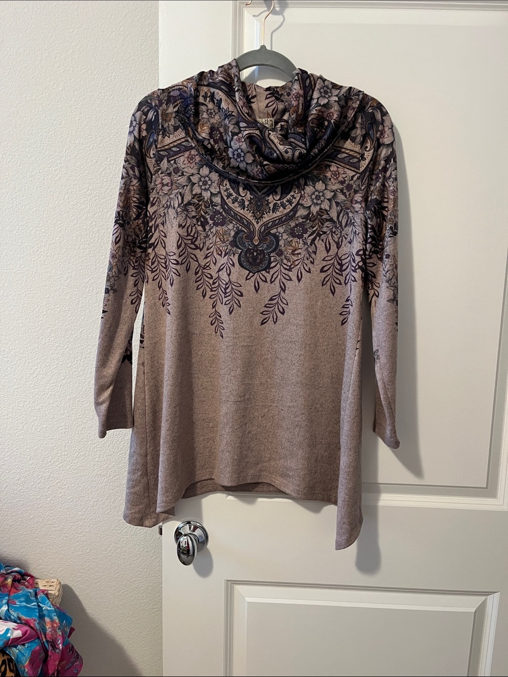 ONE WORLD Taupe Floral Cowl Neck Sweater